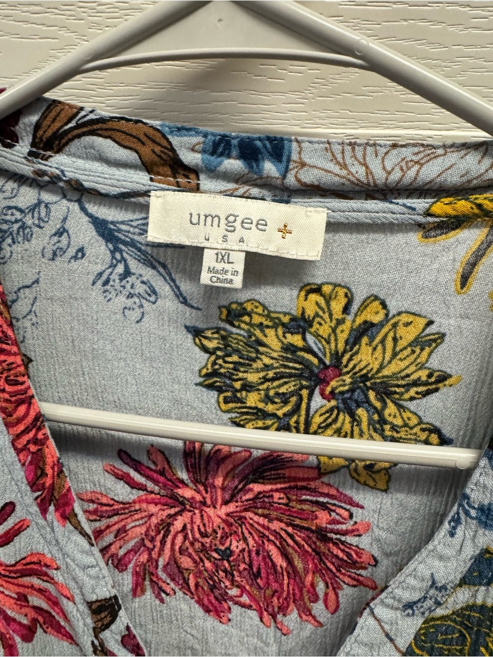 Umgee Floral V-Neck Top in Light Blue with Pink & Yellow Blooms